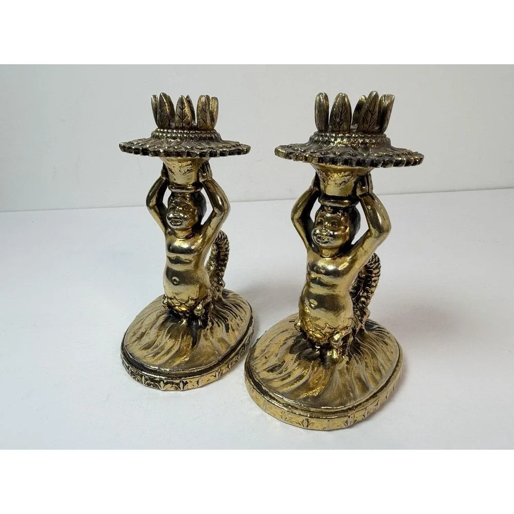 Candle Stick Holders Cherub Mermaid? Vintage‎ Gold Brass Tone Hollywood Regency